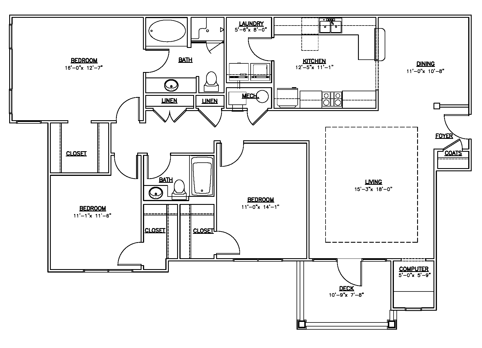 Floor plan for 3 beds, 2 baths, 1630 sqft